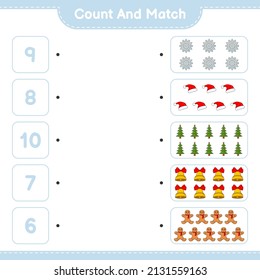 Count and match, count the number of Snowflake, Hat, Tree, Bell, Gingerbread Man and match with the right numbers. Educational children game, printable worksheet, vector illustration