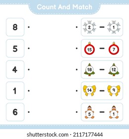 Count and match, count the number of Snowflake, Ribbon, Tree, Christmas Ball, Gingerbread Man and match with the right numbers. Educational children game, printable worksheet, vector illustration