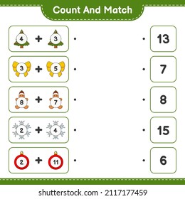 Count and match, count the number of Snowflake, Ribbon, Tree, Christmas Ball, Gingerbread Man and match with the right numbers. Educational children game, printable worksheet, vector illustration