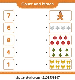 Count and match, count the number of Snowflake, Ribbon, Tree, Christmas Ball, Gingerbread Man and match with the right numbers. Educational children game, printable worksheet, vector illustration
