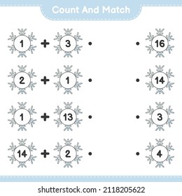 Count and match, count the number of Snowflake and match with the right numbers. Educational children game, printable worksheet, vector illustration