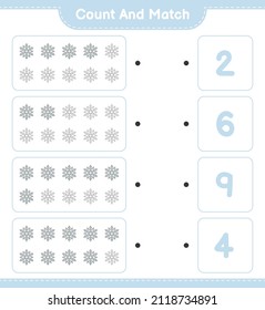 Count and match, count the number of Snowflake and match with the right numbers. Educational children game, printable worksheet, vector illustration