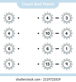Count and match, count the number of Snowflake and match with the right numbers. Educational children game, printable worksheet, vector illustration
