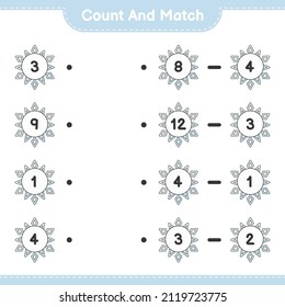 Contar y coincidir, contar el número de copo de nieve y coincidir con los números correctos. Juego infantil educativo, hoja de cálculo imprimible, ilustración vectorial