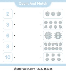 Contar y coincidir, contar el número de copo de nieve y coincidir con los números correctos. Juego infantil educativo, hoja de cálculo imprimible, ilustración vectorial