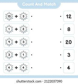 Count and match, count the number of Snowflake and match with the right numbers. Educational children game, printable worksheet, vector illustration