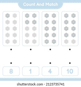 Count and match, count the number of Snowflake and match with the right numbers. Educational children game, printable worksheet, vector illustration