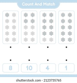 Contar y coincidir, contar el número de copo de nieve y coincidir con los números correctos. Juego infantil educativo, hoja de cálculo imprimible, ilustración vectorial