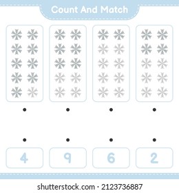 Count and match, count the number of Snowflake and match with the right numbers. Educational children game, printable worksheet, vector illustration