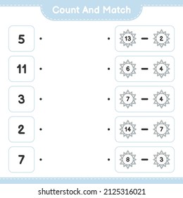 Contar y coincidir, contar el número de copo de nieve y coincidir con los números correctos. Juego infantil educativo, hoja de cálculo imprimible, ilustración vectorial