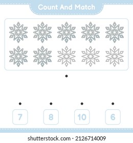 Count and match, count the number of Snowflake and match with the right numbers. Educational children game, printable worksheet, vector illustration