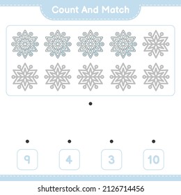 Contar y coincidir, contar el número de copo de nieve y coincidir con los números correctos. Juego infantil educativo, hoja de cálculo imprimible, ilustración vectorial