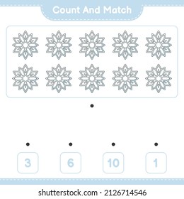 Count and match, count the number of Snowflake and match with the right numbers. Educational children game, printable worksheet, vector illustration