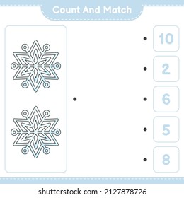 Count and match, count the number of Snowflake and match with the right numbers. Educational children game, printable worksheet, vector illustration