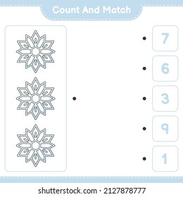 Count and match, count the number of Snowflake and match with the right numbers. Educational children game, printable worksheet, vector illustration