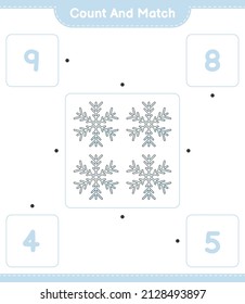 Contar y coincidir, contar el número de copo de nieve y coincidir con los números correctos. Juego infantil educativo, hoja de cálculo imprimible, ilustración vectorial