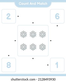 Count and match, count the number of Snowflake and match with the right numbers. Educational children game, printable worksheet, vector illustration