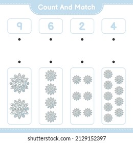 Count and match, count the number of Snowflake and match with the right numbers. Educational children game, printable worksheet, vector illustration
