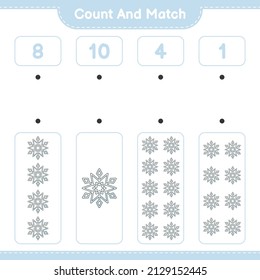 Contar y coincidir, contar el número de copo de nieve y coincidir con los números correctos. Juego infantil educativo, hoja de cálculo imprimible, ilustración vectorial