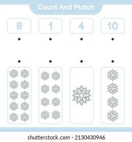 Count and match, count the number of Snowflake and match with the right numbers. Educational children game, printable worksheet, vector illustration