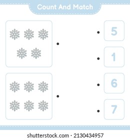 Count and match, count the number of Snowflake and match with the right numbers. Educational children game, printable worksheet, vector illustration