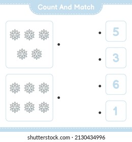 Count and match, count the number of Snowflake and match with the right numbers. Educational children game, printable worksheet, vector illustration