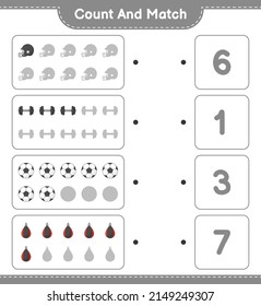 Count and match, count the number of Soccer Ball, Football Helmet, Dumbbell, Punching Bag and match with the right numbers. Educational children game, printable worksheet, vector illustration
