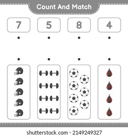 Count and match, count the number of Soccer Ball, Football Helmet, Dumbbell, Punching Bag and match with the right numbers. Educational children game, printable worksheet, vector illustration