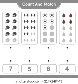 Count and match, count the number of Soccer Ball, Football Helmet, Dumbbell, Punching Bag and match with the right numbers. Educational children game, printable worksheet, vector illustration