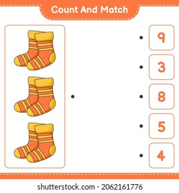 Count and match, count the number of Socks and match with the right numbers. Educational children game, printable worksheet, vector illustration