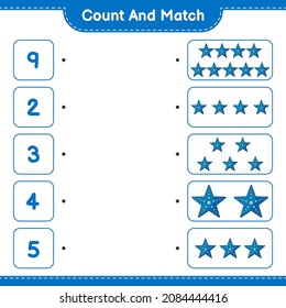 Count and match, count the number of Starfish and match with the right numbers. Educational children game, printable worksheet, vector illustration
