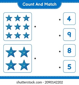 Contar y coincidir, contar el número de Starfish y coincidir con los números correctos. Juego infantil educativo, hoja de cálculo imprimible, ilustración vectorial