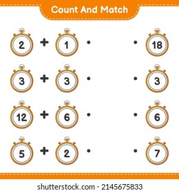 Contar y coincidir, contar el número de Stopwatch y coincidir con los números correctos. Juego infantil educativo, hoja de cálculo imprimible, ilustración vectorial