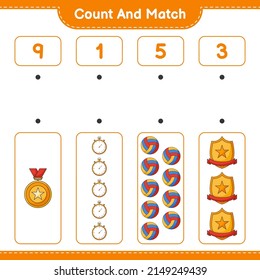 Cuenta y coteja, cuenta el número de Stopwatch, Trophy, Volleyball y concuerda con los números correctos. Juego infantil educativo, hoja de cálculo imprimible, ilustración vectorial