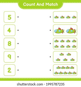 Count and match, count the number of Submarine and match with the right numbers. Educational children game, printable worksheet, vector illustration