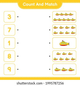 Contar y coincidir, contar el número de submarinos y coincidir con los números correctos. Juego infantil educativo, hoja de cálculo imprimible, ilustración vectorial