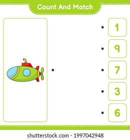 Count and match, count the number of Submarine and match with the right numbers. Educational children game, printable worksheet, vector illustration