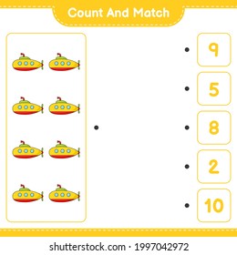 Contar y coincidir, contar el número de submarinos y coincidir con los números correctos. Juego infantil educativo, hoja de cálculo imprimible, ilustración vectorial