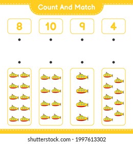 Contar y coincidir, contar el número de submarinos y coincidir con los números correctos. Juego infantil educativo, hoja de cálculo imprimible, ilustración vectorial