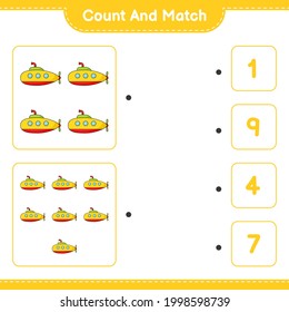 Count and match, count the number of Submarine and match with the right numbers. Educational children game, printable worksheet, vector illustration