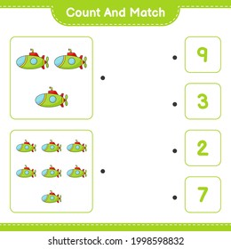 Contar y coincidir, contar el número de submarinos y coincidir con los números correctos. Juego infantil educativo, hoja de cálculo imprimible, ilustración vectorial