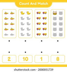 Count and match, count the number of Submarine, Rubber Duck, Lorry, Drum and match with the right numbers. Educational children game, printable worksheet, vector illustration