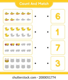 Cuente y cotee, cuente el número de submarinos, pato de goma, camión, tambor y concuerde con los números correctos. Juego infantil educativo, hoja de cálculo imprimible, ilustración vectorial