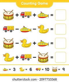 Count and match, count the number of Submarine, Rubber Duck, Lorry, Drum and match with the right numbers. Educational children game, printable worksheet, vector illustration