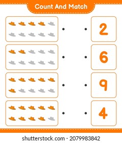 Contar y coincidir, contar el número de sombreros de verano y coincidir con los números correctos. Juego infantil educativo, hoja de cálculo imprimible, ilustración vectorial