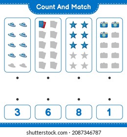 Count and match, count the number of Summer Hat, Passport, Camera, Starfish and match with the right numbers. Educational children game, printable worksheet, vector illustration
