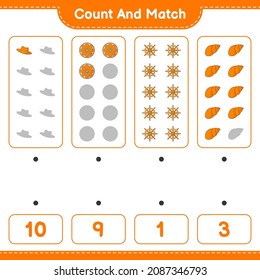 Cuenta y coteja, cuenta el número de Sombrero de Verano, Naranja, Volante de Dirección de Barco, conchas de mar y concuerda con los números correctos. Juego infantil educativo, hoja de cálculo imprimible, ilustración vectorial