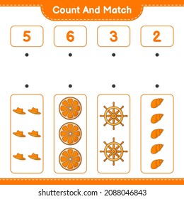 Count and match, count the number of Summer Hat, Orange, Ship Steering Wheel, Sea Shells and match with the right numbers. Educational children game, printable worksheet, vector illustration