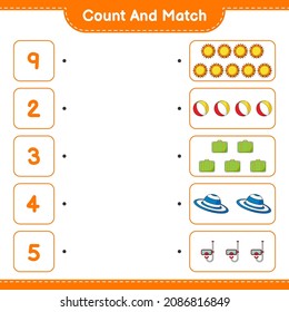 Count and match, count the number of Sun, Ball, Luggage, Hat, Mask and match with the right numbers. Educational children game, printable worksheet, vector illustration
