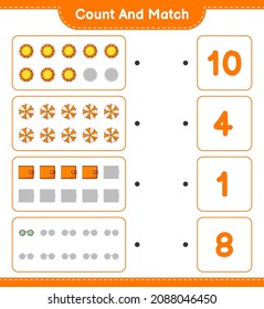 Cuenta y coteja, cuenta el número de Sun, Beach Umbrella, Wallet, Gafas de sol y concuerda con los números correctos. Juego infantil educativo, hoja de cálculo imprimible, ilustración vectorial